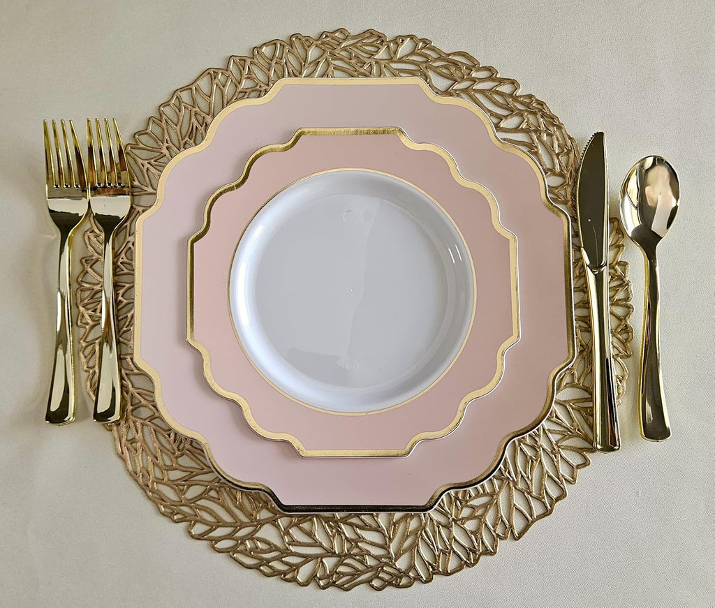 ' OCCASIONS ' 960 Piece set (120 Guests)-Heavyweight Wedding Party Disposable Plastic Plate Set - 120 x 10.5'' + 120 x 8'' + Silverware + Cups + Napkins (Imperial in Blush Pink & Gold)