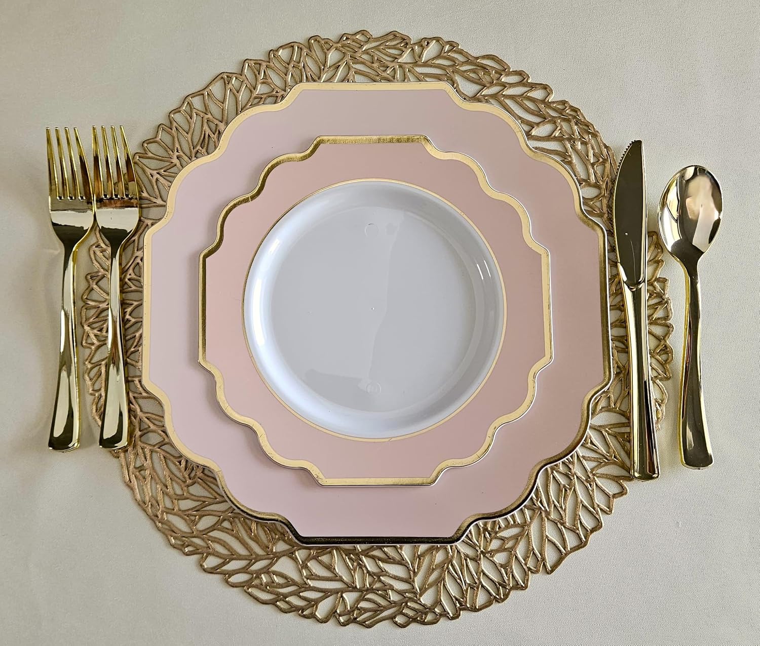 ' OCCASIONS ' 960 Piece set (120 Guests)-Heavyweight Wedding Party Disposable Plastic Plate Set - 120 x 10.5'' + 120 x 8'' + Silverware + Cups + Napkins (Imperial in Blush Pink & Gold)