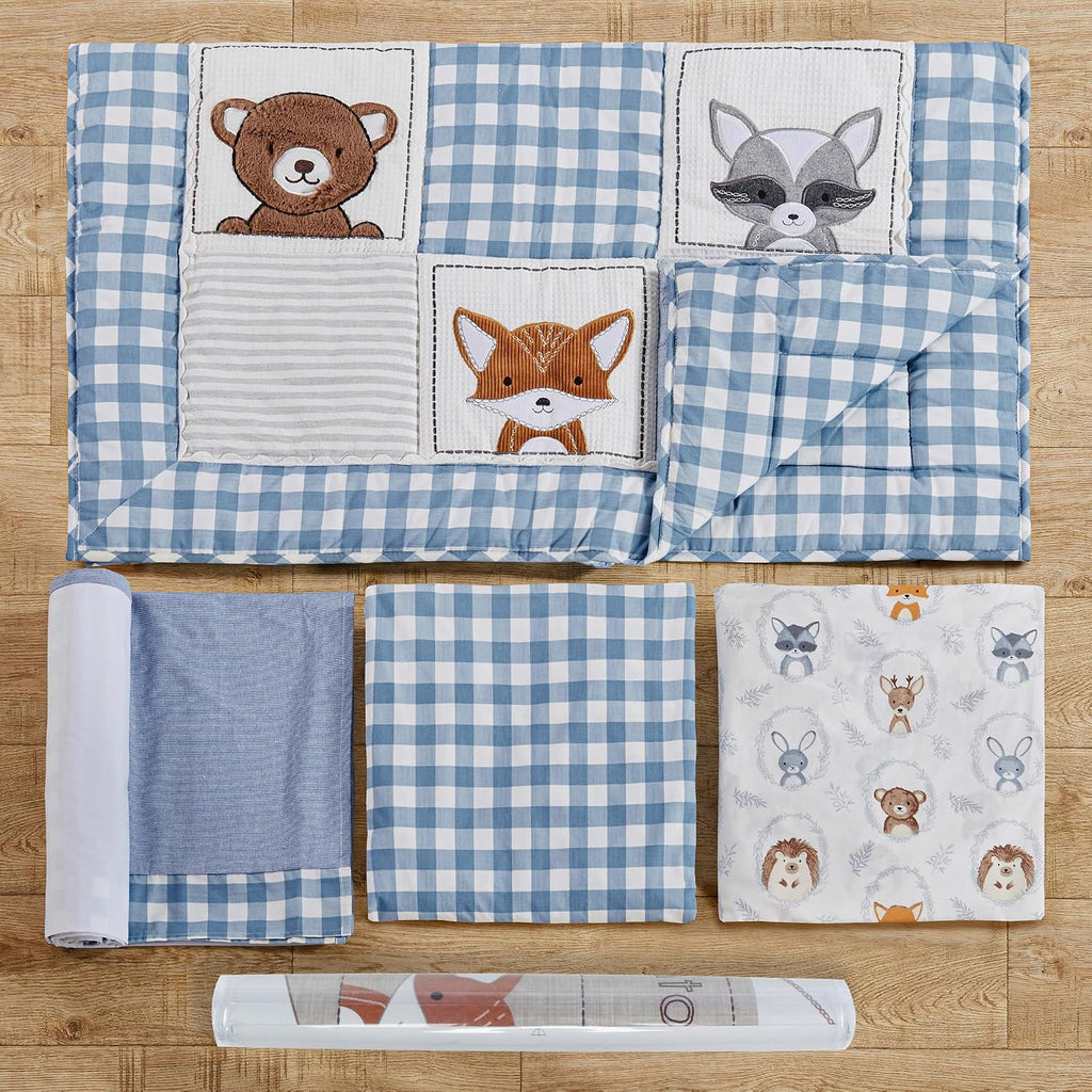 Levtex Baby - Forest Friends Crib Bed Set - Baby Nursery Set - Gingham - Blue and White - Animal Portraits - 5 Piece Set Includes Quilt, Two Fitted Sheets, Wall Decal & Skirt/Dust Ruffle