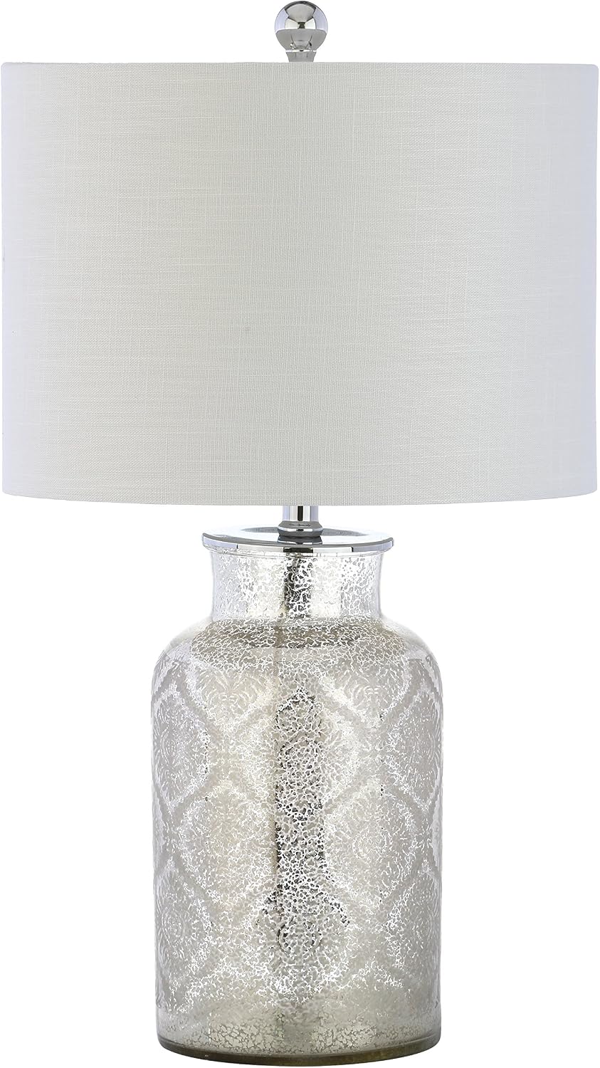 JONATHAN Y 24.5' Mercury Silver Trellis Glass Table Lamp for Living Room, White Linen Shade, Modern Bedside Nightstand Lamp for Bedroom, LED Bulb Included, UL Listed JYL1063A