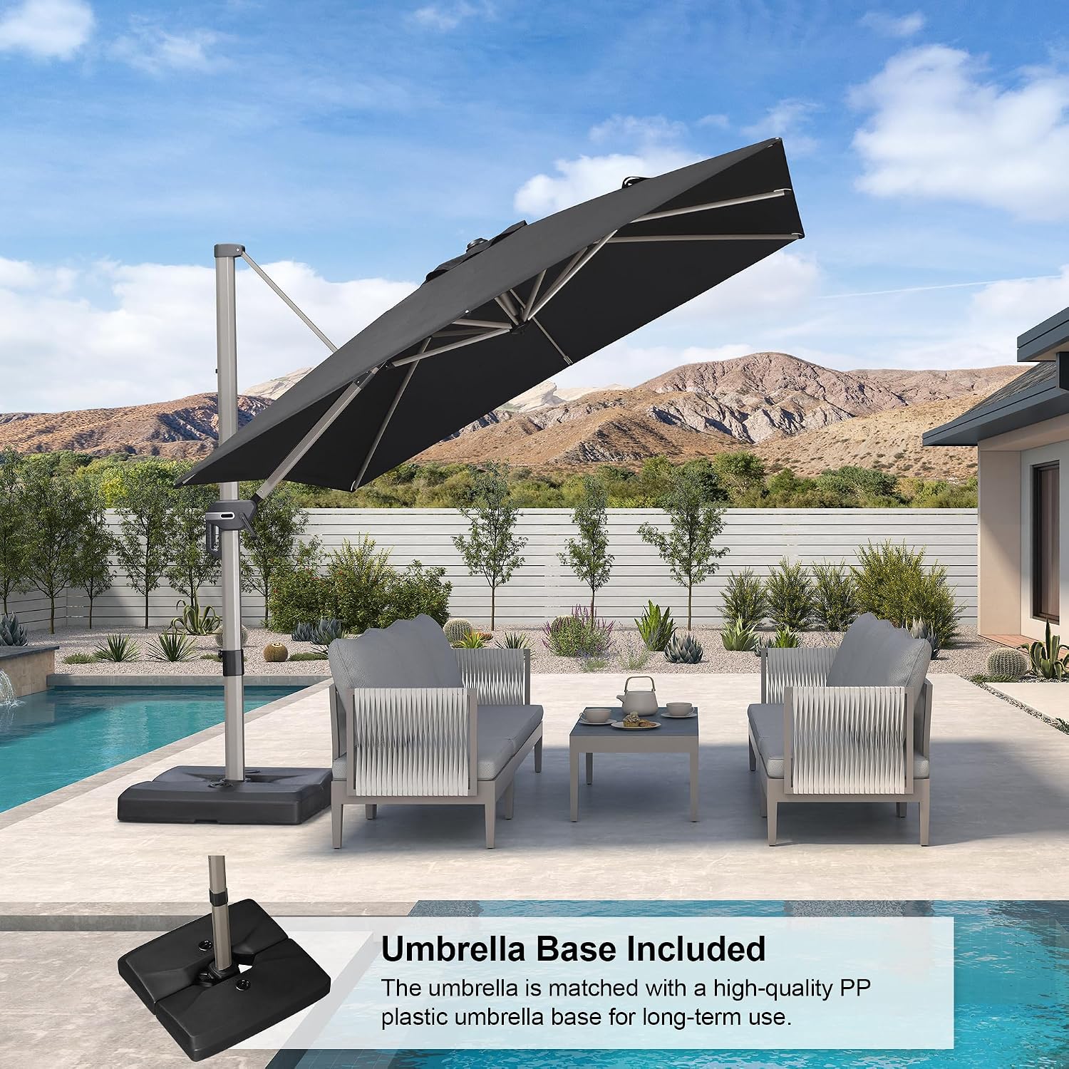 PURPLE LEAF Patio Umbrella with Base Included, 9ft Outdoor Aluminum Cantilever Umbrella with 360° Rotation, Aluminum Large Offset Umbrella for Outdoor Garden Pool, Black