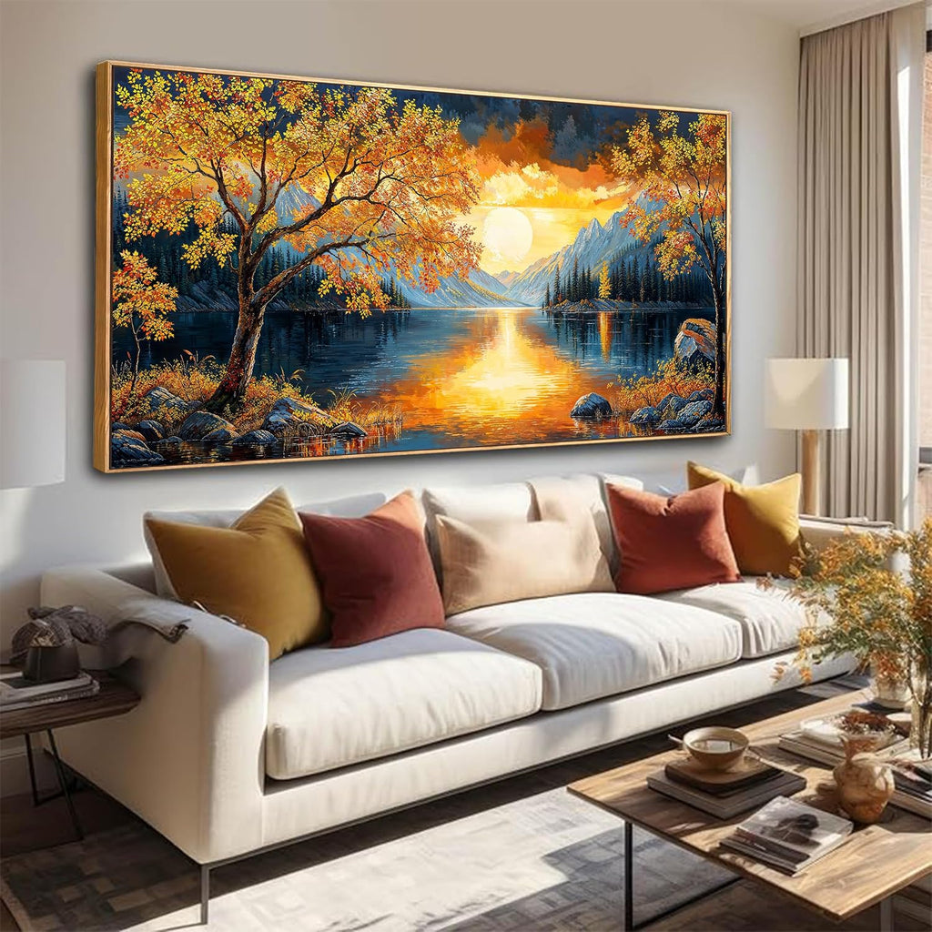 Large Wall Art For Living Room Canvas Art Wall Decor Modern Artwork Gold Tree River Sunrise Landscape Paintings Print Pictures For Bedroom Apartment Office Mural Aesthetic Artwork 29 X 58 In With Framed