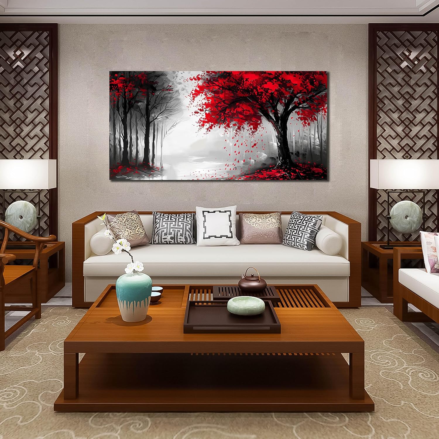Large Canvas Wall Art for Living Room Black White and Red Forest Print Pictures Painting Framed Wall Decor for Bedroom Modern Home Plant Scenery Wall Decorations Artwork Size 30x60 Ready to Hang
