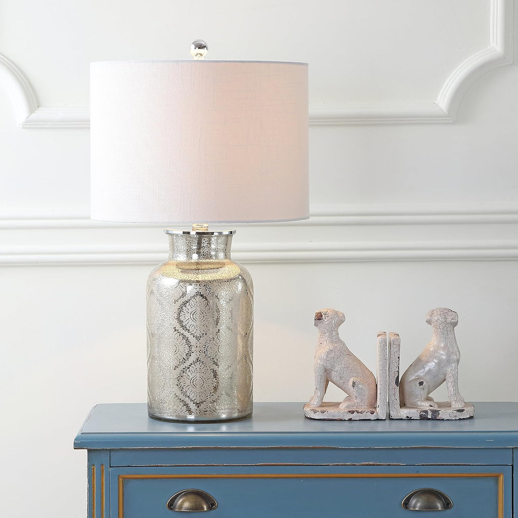 JONATHAN Y 24.5' Mercury Silver Trellis Glass Table Lamp for Living Room, White Linen Shade, Modern Bedside Nightstand Lamp for Bedroom, LED Bulb Included, UL Listed JYL1063A