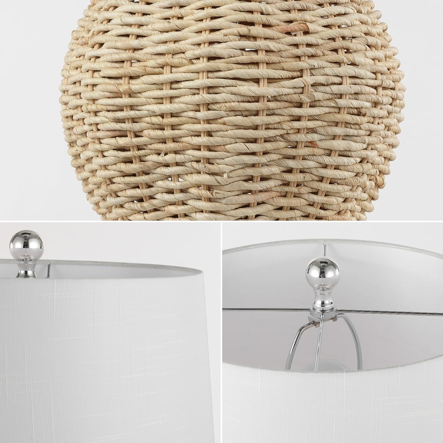 JONATHAN Y 22' Brown Rattan Rustic Coastal Table Lamp Set of 2, Woven Wicker Globe Base with White Linen Shade for Living Room Bedroom, UL Listed, LED Bulbs Included JYL4050A-SET2