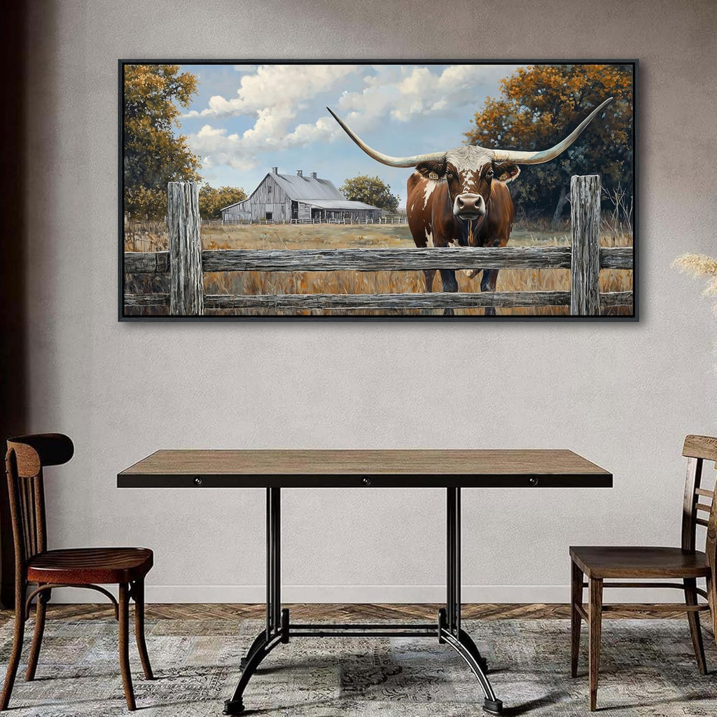 XLSJERST Rustic Wall Decor Poster 48x24 Inches - Longhorn Picture Farm Artwork Canvas Picture Brown Cow Wall Art for Living Room Guest Bath Decoration