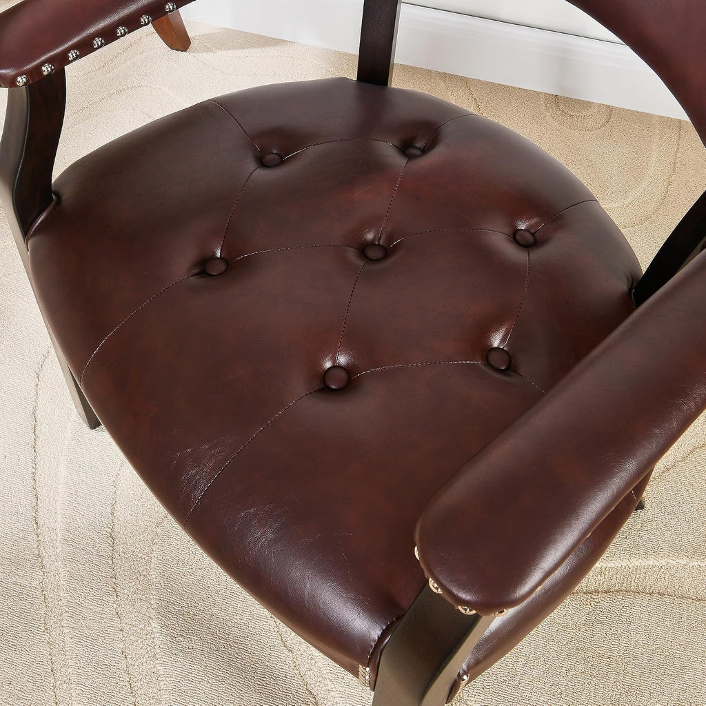 Dining Chairs with Upholstered and Arms,Office Desk Chair with Metal Rivets. PU Boss Captain's Chairs,Classic Accent Stools for Dining Room, Bedroom Brown Legs & Wine Red NX173-318WR