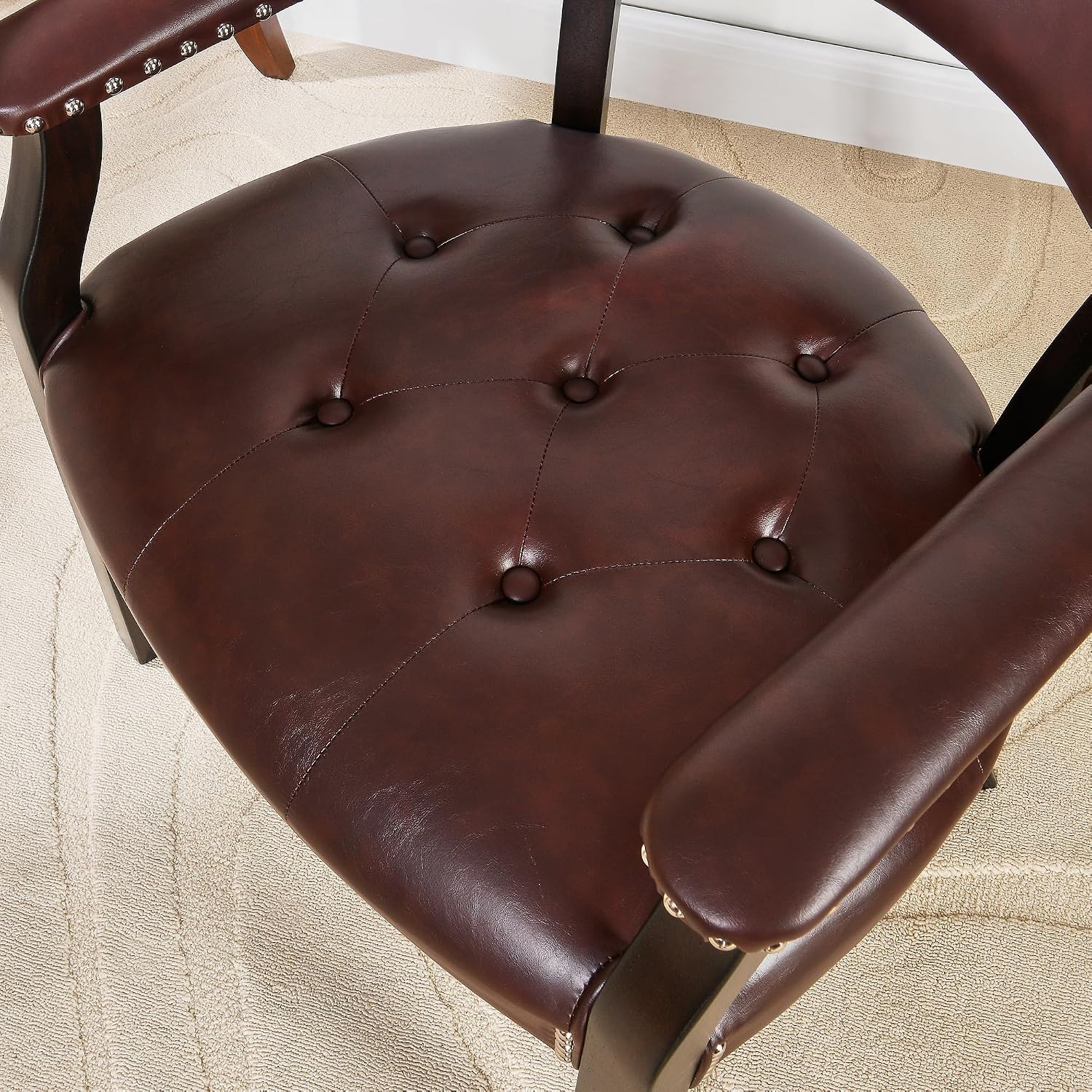 Dining Chairs with Upholstered and Arms,Office Desk Chair with Metal Rivets. PU Boss Captain's Chairs,Classic Accent Stools for Dining Room, Bedroom Brown Legs & Wine Red NX173-318WR