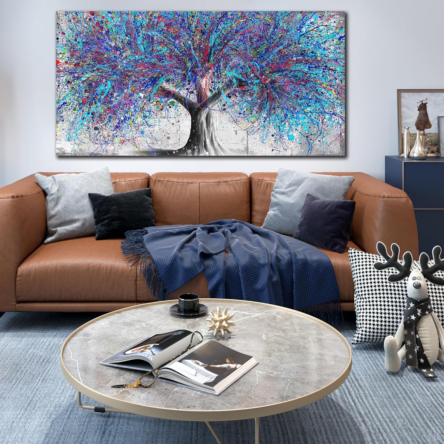 GUGIKA Large Wall Art for Living Room, Blue Tree Canvas Wall Decor for Bedroom, Graffiti Print, Blue Picture Decoration, Size 59x29 Inches