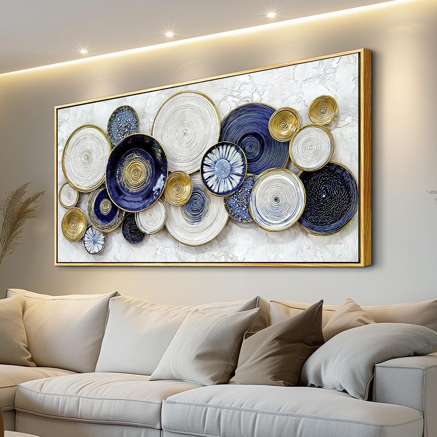 JUDASJART Canvas Wall Art For Living Room Large Wall Decor For Office Bedroom Decorations Blue Swirl Gold Trim Landscape Pictures Abstract Painting Artwork Room Wall Mural Aesthetic Home Decor 30x60 In