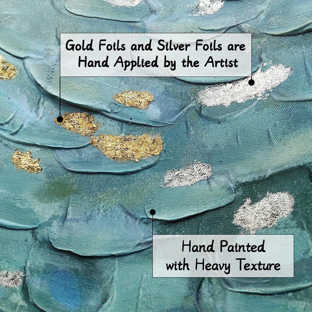 Framed Teal Abstract Canvas Art: Large Modern Hand Painted Textured Artwork Print Contemporary Turquoise Painting Picture with Gold Foil Wall Decor for Home Office Bedroom Living Room Decoration