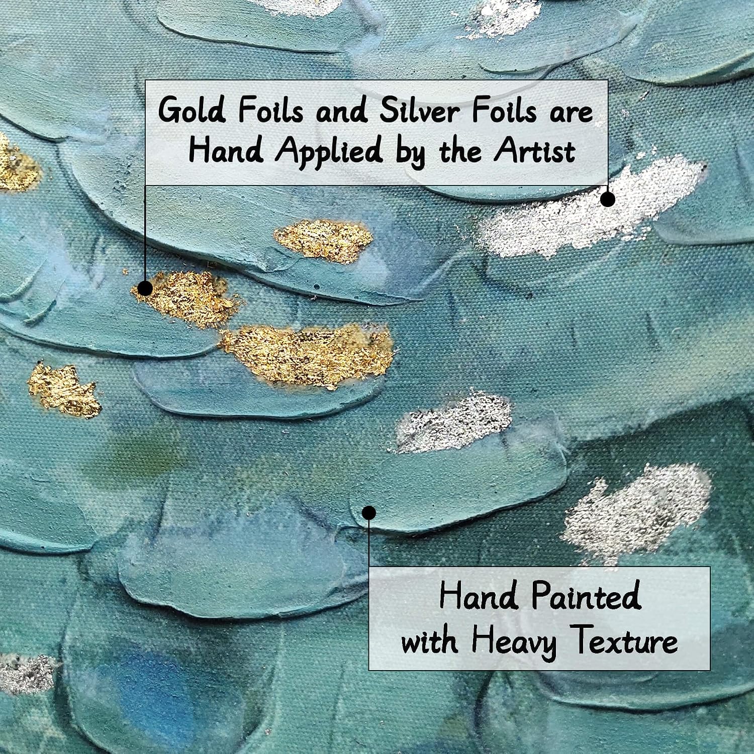 Framed Teal Abstract Canvas Art: Large Modern Hand Painted Textured Artwork Print Contemporary Turquoise Painting Picture with Gold Foil Wall Decor for Home Office Bedroom Living Room Decoration
