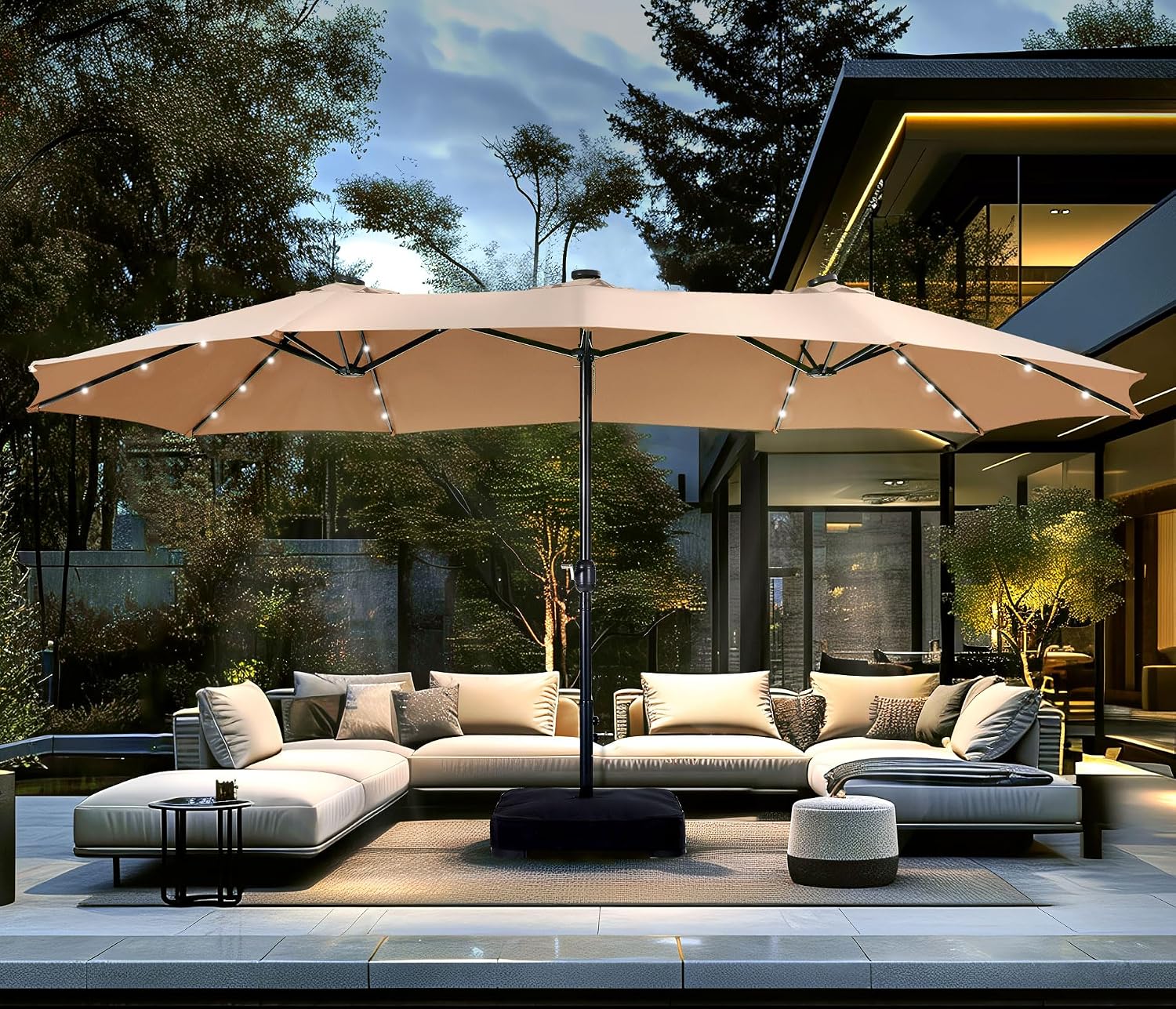 PHI VILLA 15ft Large Patio Umbrella with Base & Solar Lights, Double-Sided Outdoor Rectangle Umbrellas with 36 LED Lights, Umbrella for Outside with Stand, Beige