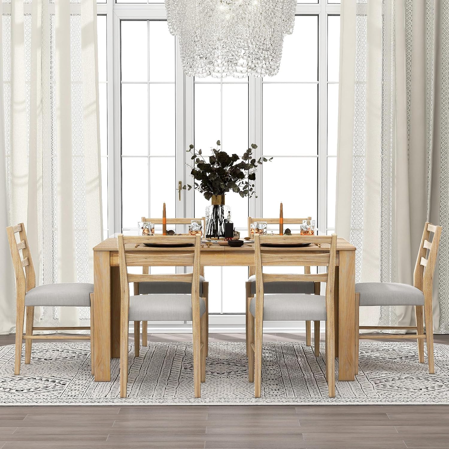 Farmhouse 7-Piece Kitchen Dining Table Set, Solid Wood Rectangle Extendable Table with 12' Leaf and 2 Drawers, 6 Dining Chairs with Soft Cushion, Dining Table Set for 6 Persons (Natural Wash+)