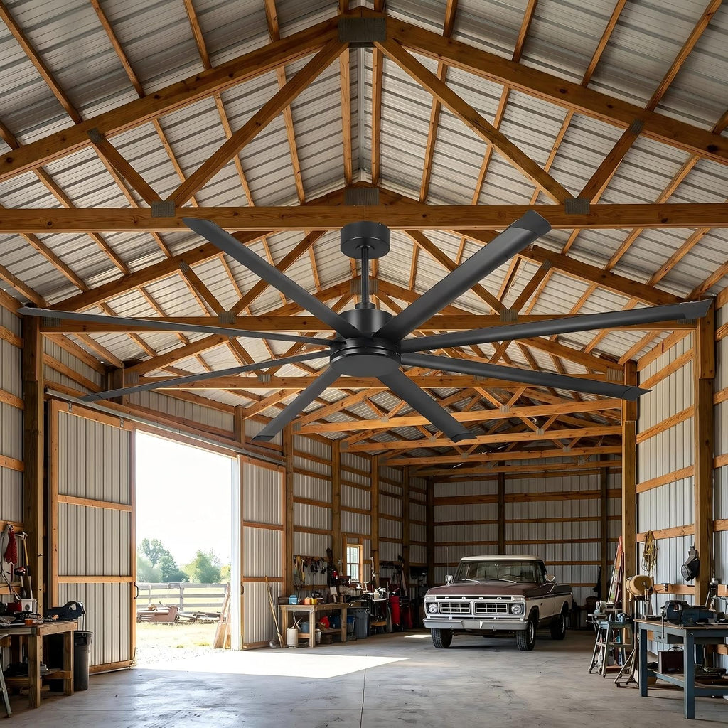120 Inch Ceiling Fans Industrial Black Big Ceiling Fans without Lights, Remote Control, Quiet Reversible DC Motor Outdoor Ceiling Fans, 8 Aluminum Blades, 10 ft Commercial Fans for Shop Gym Warehouse