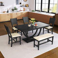 Modern Solid Wood 6-Piece Dining Table Set, Unique Design Half Round Legs Dining Table with Upholstered Dining Chairs&Bench, Kitchen Dining Room Set for 6 (Grey-Half L)