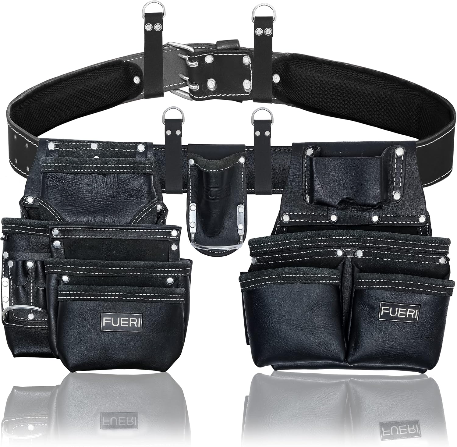 FUERI Leather Tool Belts for Men, Heavy-Duty Durable Carpenter Tool Rig Organizer With 19 Pockets-2 Pouches, Double Hammer Holder, Suspender Loops, And A Foam-Padded Belt for Framers, And Electricians