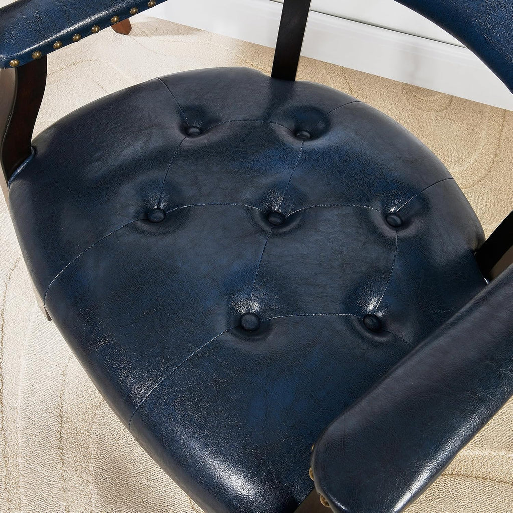 Dining Chairs with Upholstered and Arms,Office Desk Chair with Metal Rivets. PU Boss Captain's Chairs,Classic Accent Stools for Dining Room, Bedroom Brown Legs & Dark Blue NX173-318LB