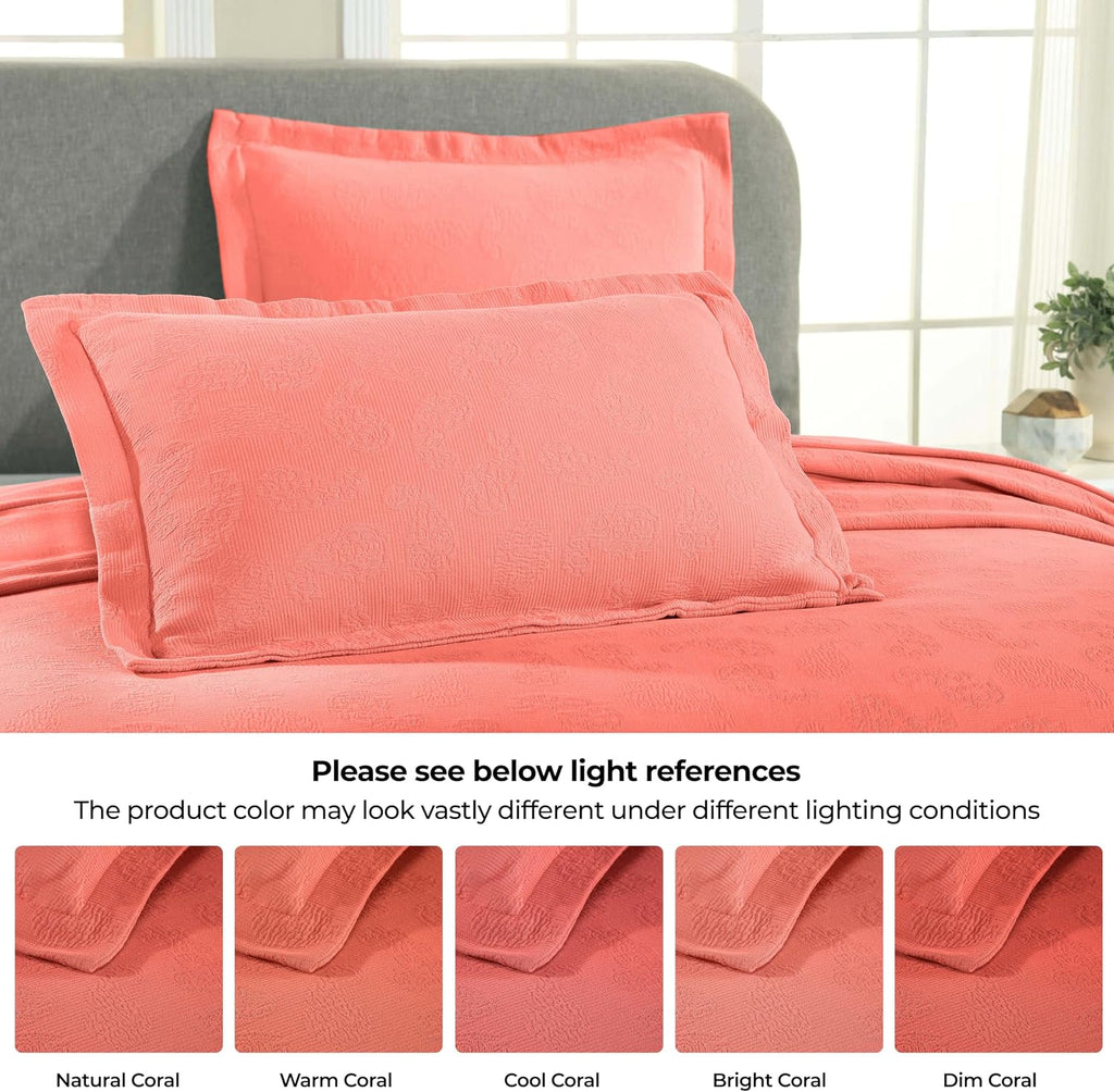 Superior Paisley Cotton 3 Piece Bedspread Set, Home Bed Decor, Decorative Textured Bed Spread, 2 Pillow Shams, Airy Blanket, Matelasse Coverlet Bedding, Vintage Floral Design, King, Coral