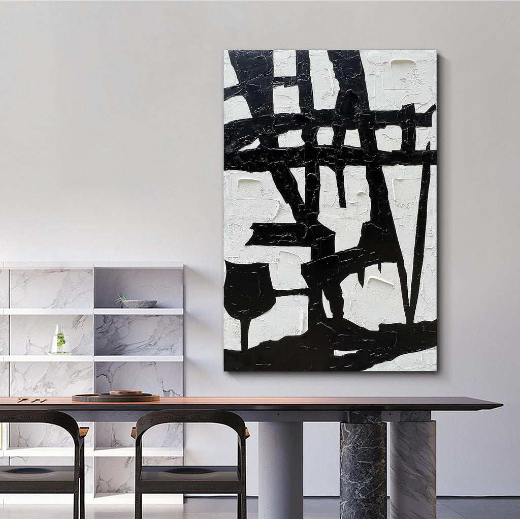 NANKAI Hand-Painted Black and White Wall Art Minimalist Black and White Abstract Painting Large Oil on Canvas Texture Wall Art 45x30 inches