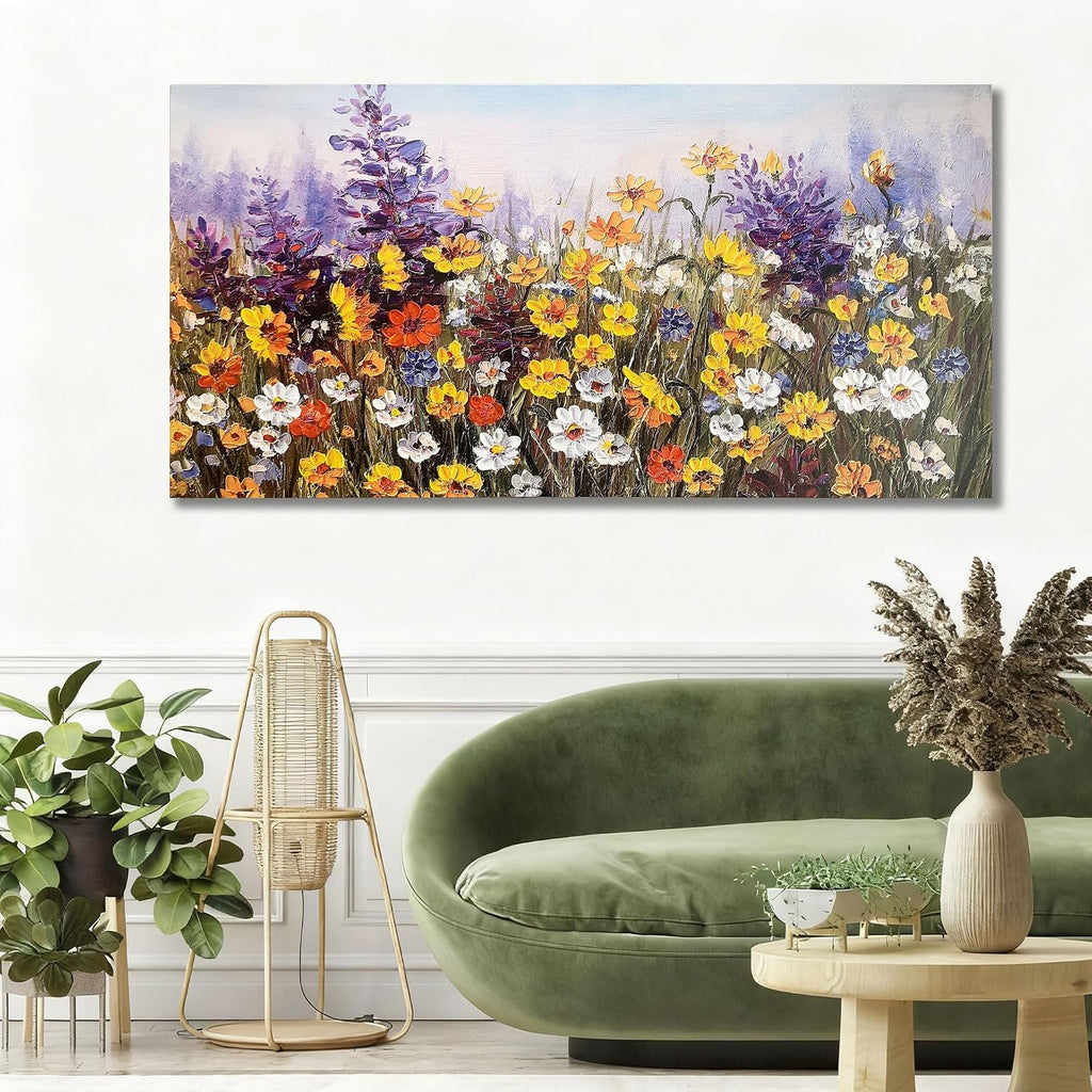 Ardemy Flower Canvas Wall Art for Living Room Extra Large Daisy Colorful Textured Picture Bedroom, Wildflower Painting Purple Yellow Floral Artwork Framed for Home Office Wall Decor 58'x29'