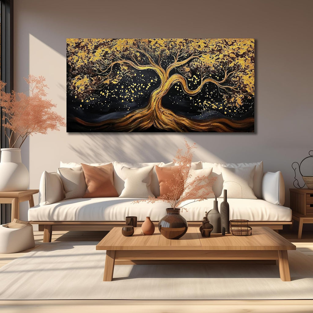 JKWALL77 Tree Of Life Hand Painting Wall Decor For Living Room Black And Gold Wall Decor For Office Tree Huge Canvas Wall Art For Bedroom Size 36 x 72 Inch