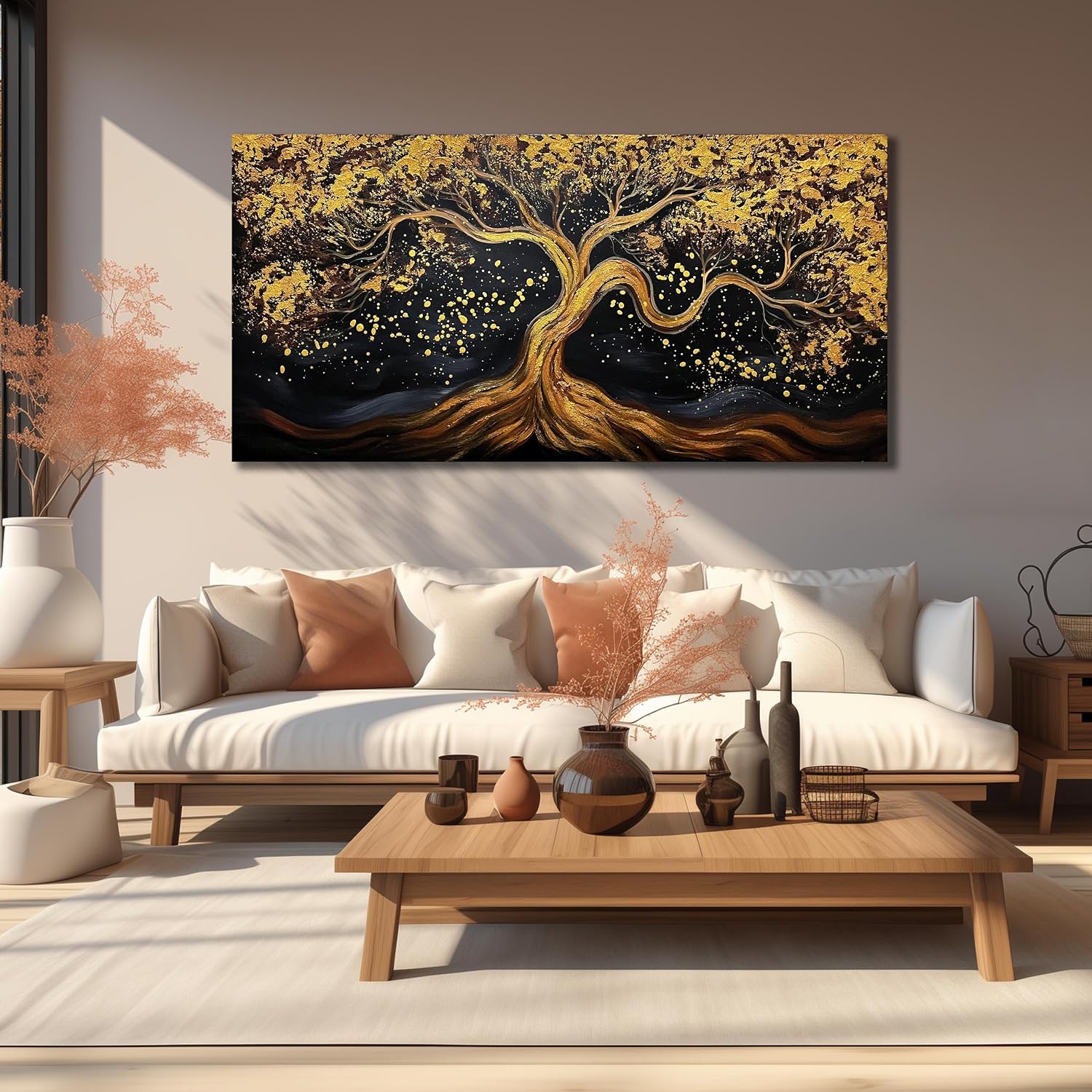 JKWALL77 Tree Of Life Hand Painting Wall Decor For Living Room Black And Gold Wall Decor For Office Tree Huge Canvas Wall Art For Bedroom Size 36 x 72 Inch