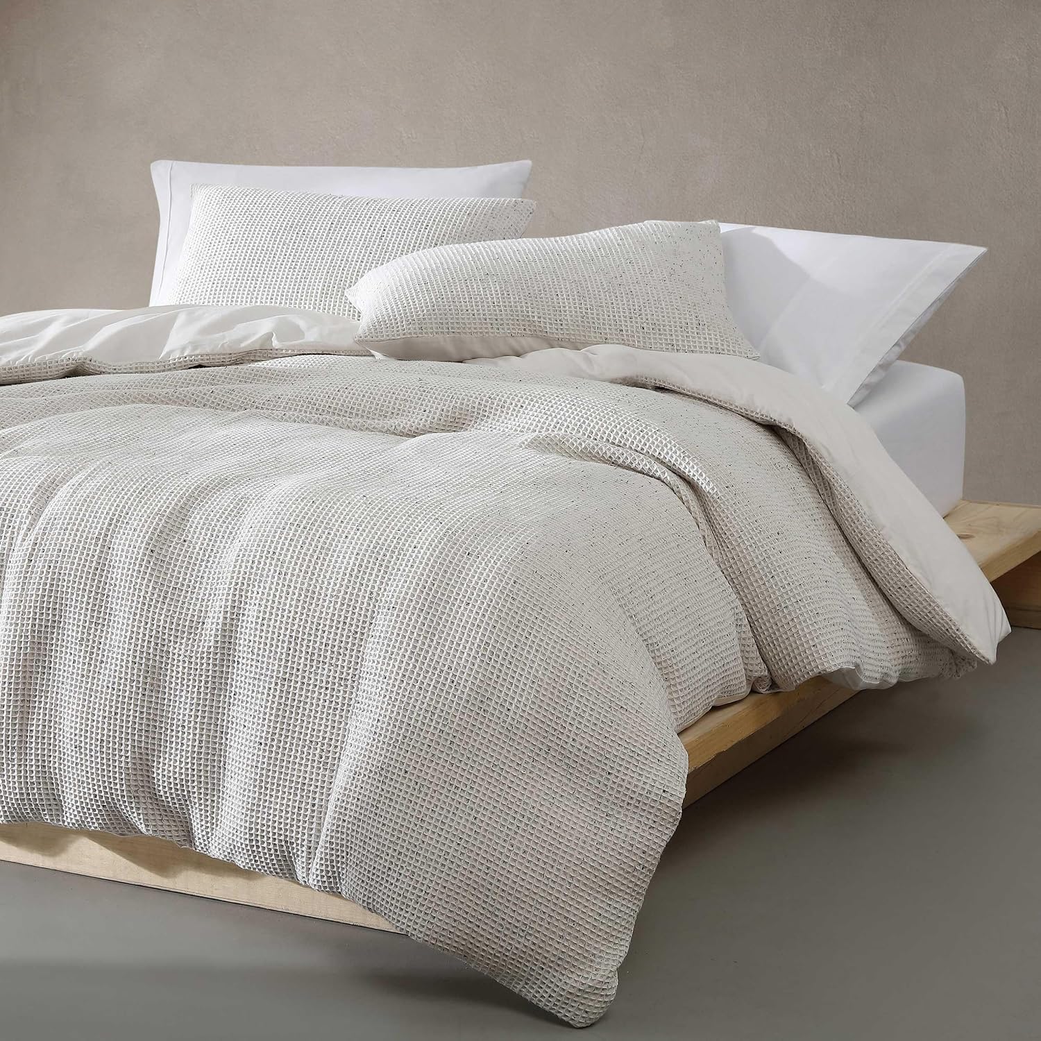 Calvin Klein - Queen Duvet Cover Set, Garment Washed Cotton Bedding with Matching Shams (Speckled Waffle Ivory, Queen)
