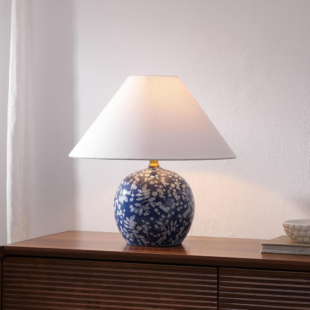 JONATHAN Y 17.25' Blue/White Modern Cottage Floral Ceramic Globe Table Lamp for Bedroom, White Linen Shade, LED Bulb Included, French Country Home Decor JYL5508A