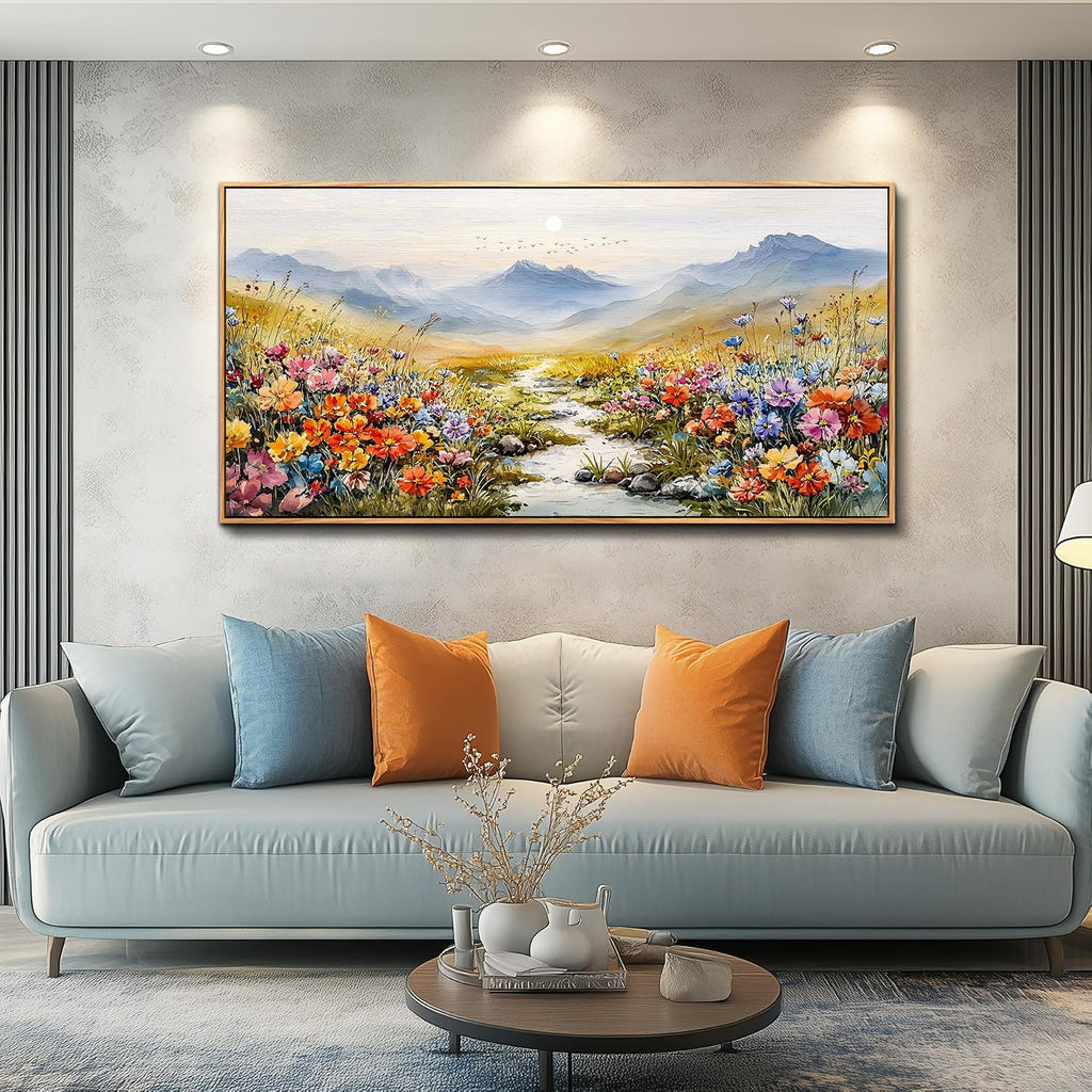 XIGUANGART Extra large Framed Wall Art, Floral Wall Decor,Flower Pictures Wall Decor, Wildflower Botanical Wall Art, Landscape Canvas Painting for Living Room Bedroom Kitchen Sofa Farmhouse 30'x60'