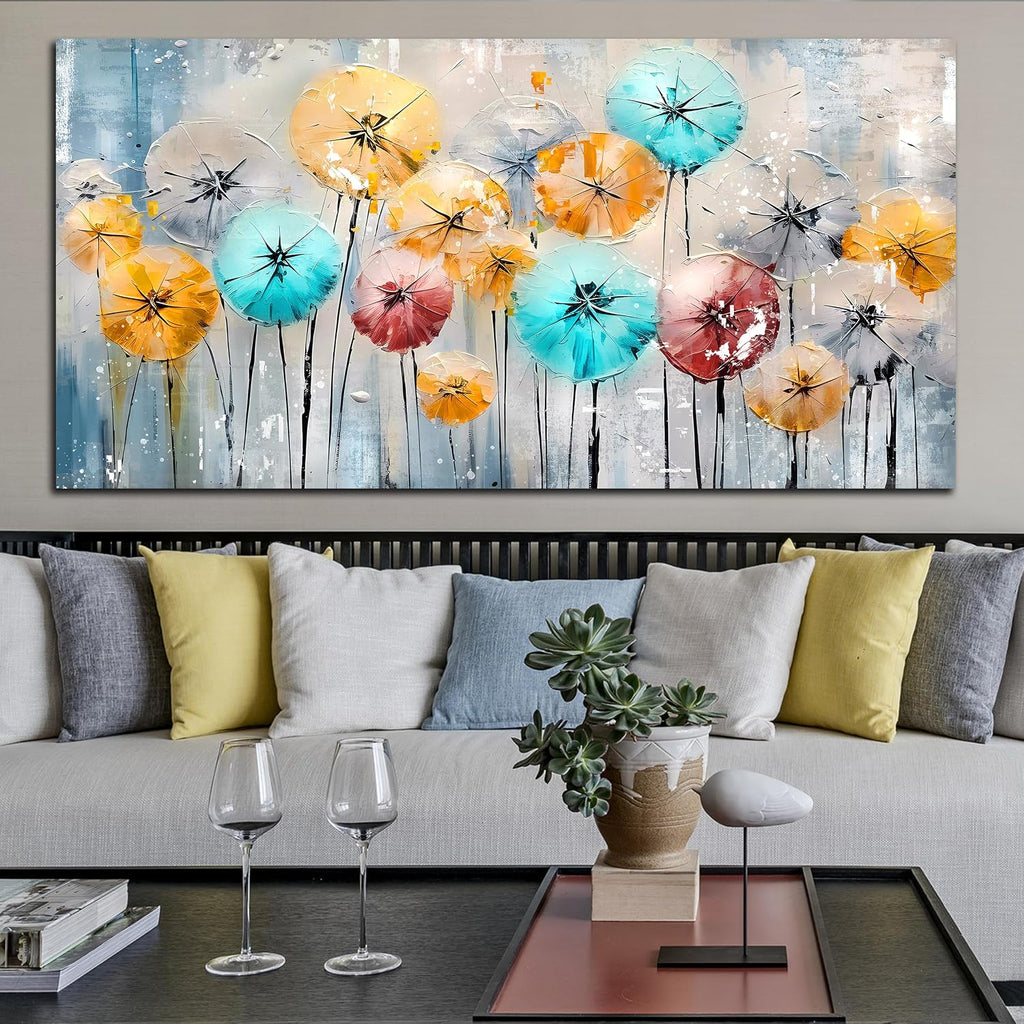 ENTANUB Dandelion Wall Art for Living Room, Flower Canvas Wall Picture for Bedroom, Colorful Print Painting Decor, Large Size 60x30 Inches