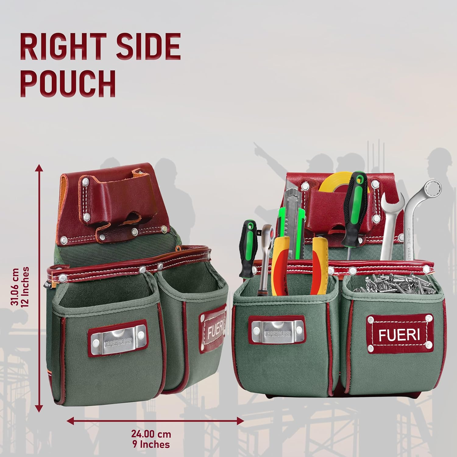 FUERI Tool Belt for Men made with Heavy Duty 1680-D Double Layer Nylon & Grain Leather comes with Adjustable Padded Belt, 19 Pockets pouches, and a Hammer Holder | Carpenters, Framers, Construction