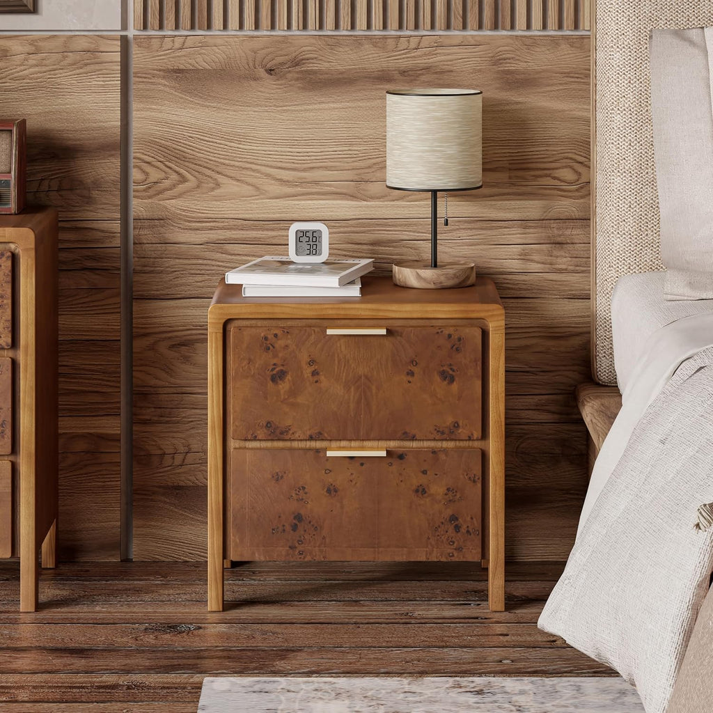 COZAYH Farmhouse Nightstand with 2 Drawer, Distressed Wood Rustic Accent Bedside Table, Burl Finish Side Table for Bedroom, Entryway, Fully Assembled, Brown