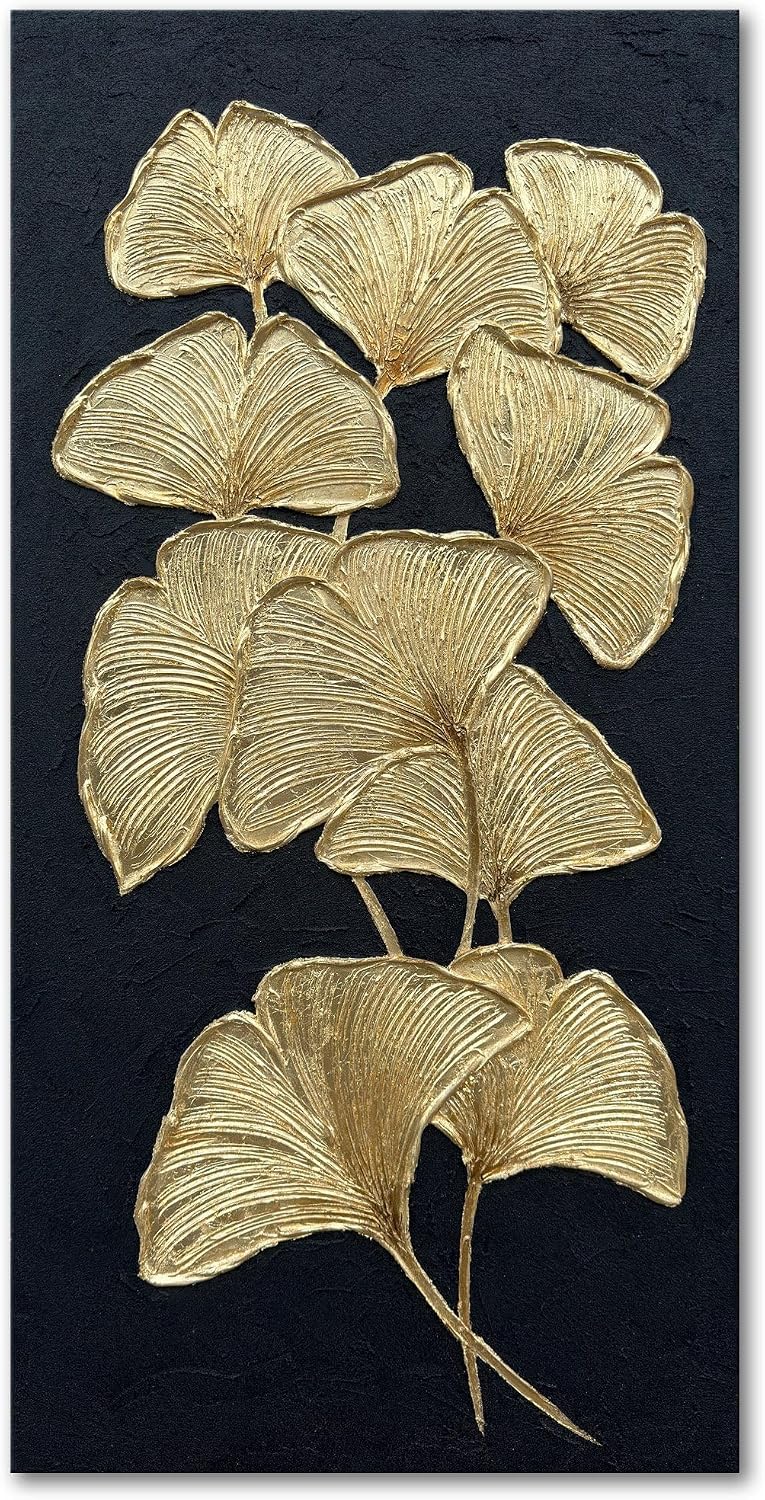 Slyart Large Gold Gingko Paintings Vertical Textured Wall Art, Gold and Black 3D Abstract Oil Painting on Canvas Wall Art Ready to Hang
