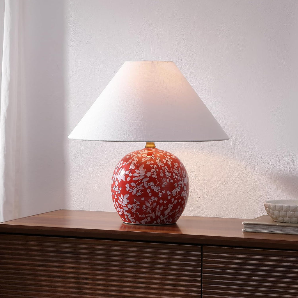 JONATHAN Y 17.25' Red/White Modern Cottage Floral Ceramic Globe Table Lamp for Bedroom, White Linen Shade, LED Bulb Included, French Country Home Decor (JYL5508B)
