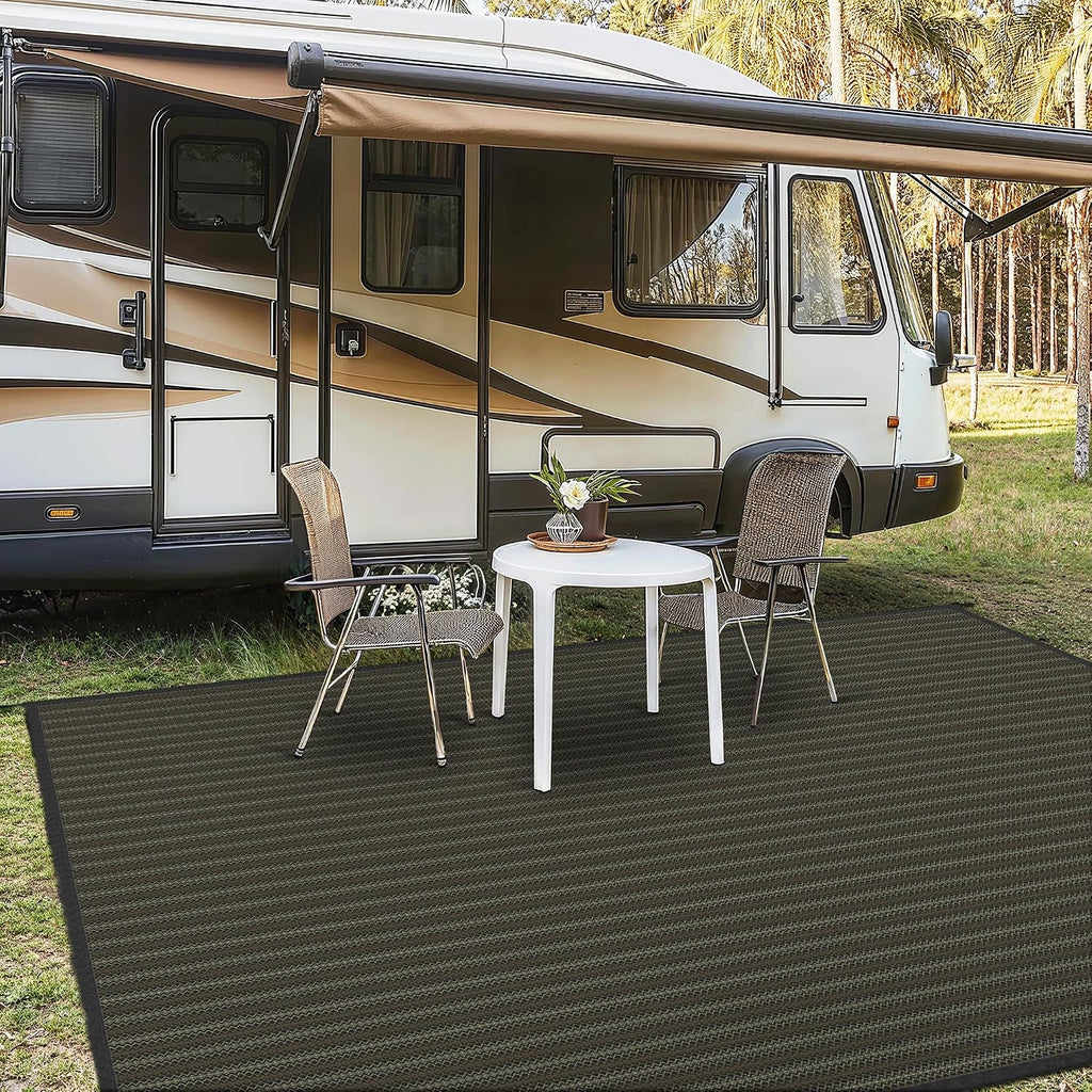 GENIMO Outdoor Rug 10x14 ft Waterproof, Reversible Plastic Straw Patio Rug for RV Camping Mat, Deck, Backyard Balcony Mat - Lightweight & Easy to Clean, Black & Brown