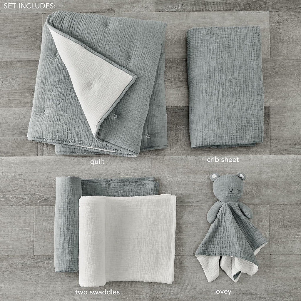 Levtex Baby - Cloud Muslin Crib Bed Set - Baby Nursery Set - Grey and White Stars - Grey Textured Muslin - 5 Piece Set Includes Quilt, Fitted Sheet, Two Swaddles & Bear Lovey