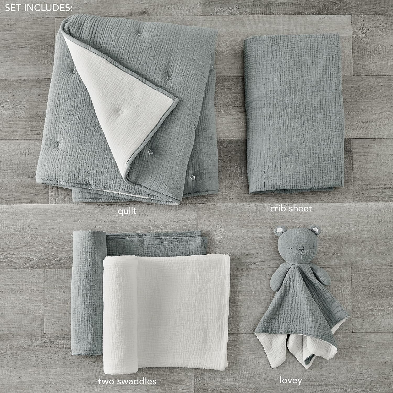 Levtex Baby - Cloud Muslin Crib Bed Set - Baby Nursery Set - Grey and White Stars - Grey Textured Muslin - 5 Piece Set Includes Quilt, Fitted Sheet, Two Swaddles & Bear Lovey