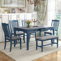 Compact 6-Piece Dining Table Set, Solid Wood Kitchen Dining Room Table Set with 4 Padded Ergonomic Chairs & Bench, 60'' Rectangular Table with Storage Drawer, Space-saving Design (Antique Blue-P)