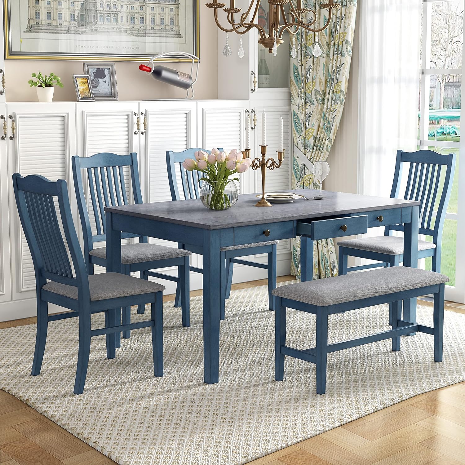 Compact 6-Piece Dining Table Set, Solid Wood Kitchen Dining Room Table Set with 4 Padded Ergonomic Chairs & Bench, 60'' Rectangular Table with Storage Drawer, Space-saving Design (Antique Blue-P)