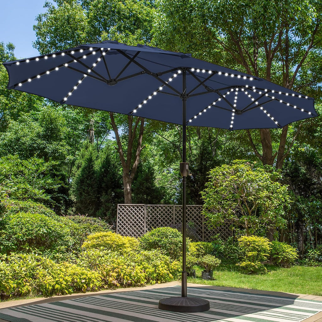 PHI VILLA 13ft Patio Umbrella with Solar-Powered 120 PCS LED Color-Changing Lights, Triple-Head Large Rectangle Umbrella Outdoor Patio for Table with Crank Lift,Navy Blue(No Base)