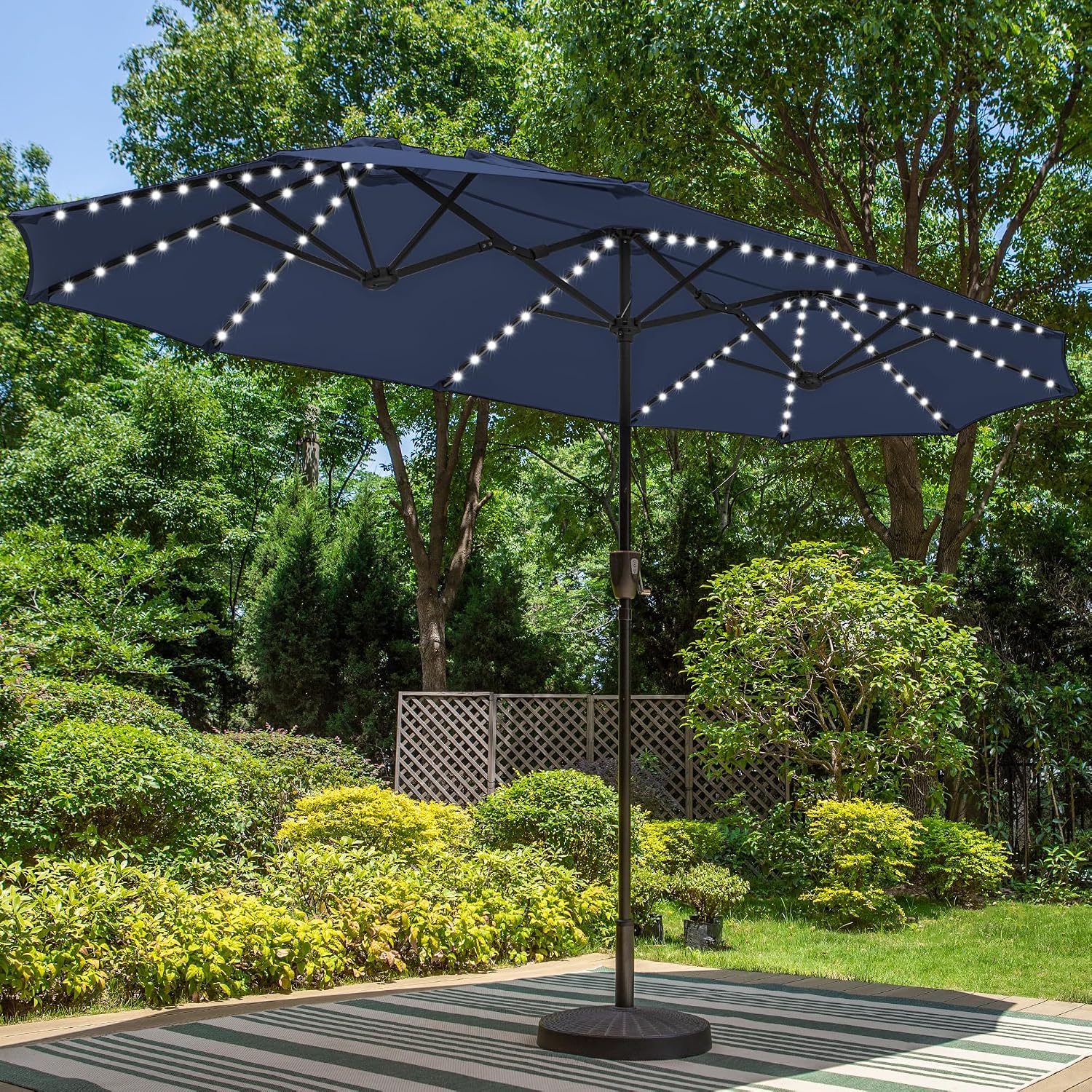 PHI VILLA 13ft Patio Umbrella with Solar-Powered 120 PCS LED Color-Changing Lights, Triple-Head Large Rectangle Umbrella Outdoor Patio for Table with Crank Lift,Navy Blue(No Base)