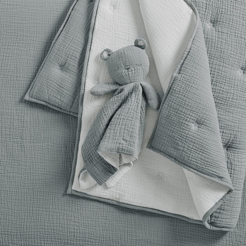 Levtex Baby - Cloud Muslin Crib Bed Set - Baby Nursery Set - Grey and White Stars - Grey Textured Muslin - 5 Piece Set Includes Quilt, Fitted Sheet, Two Swaddles & Bear Lovey