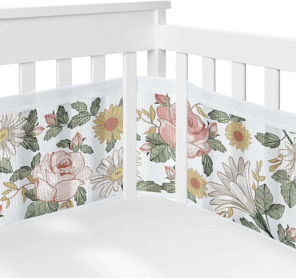 Sweet Jojo Designs Blush Pink Yellow Vintage Floral Boho Girl Baby Crib Bedding Set Infant Nursery BreathableBaby Breathable Mesh Crib Liner Blanket Sheet Skirt 6 PC Bohemian Shabby Chic Rose Flower