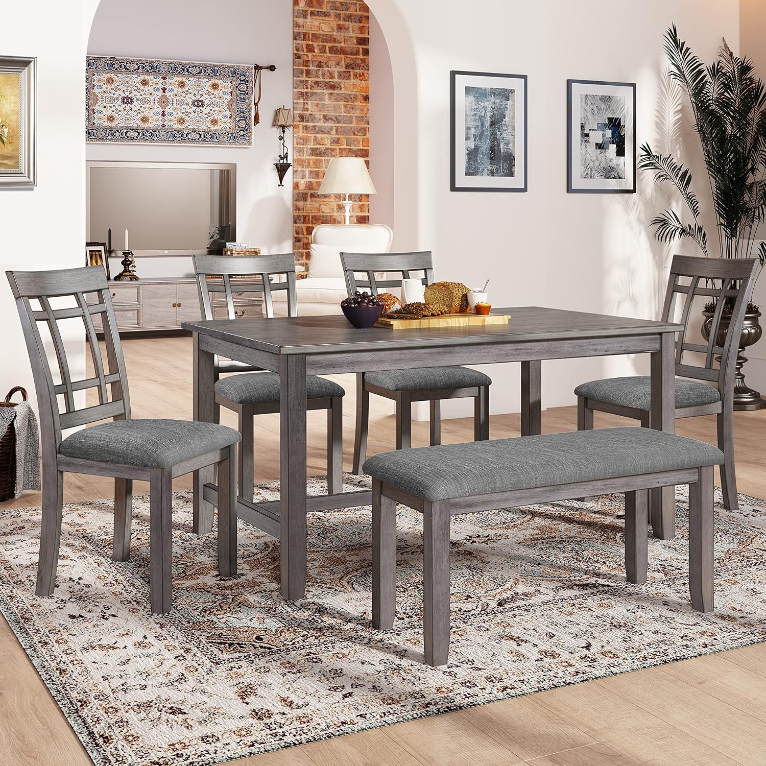 Wooden Rectangular Dining Table Set, Farmhouse Rustic 6-Piece Kitchen Set with 4 Upholstered Chairs and 1 Bench (Antique Graywash)