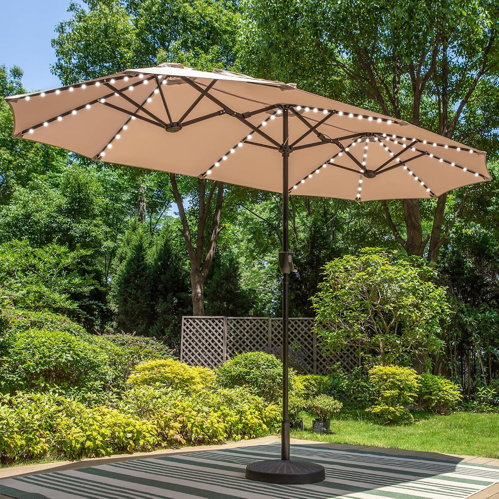 PHI VILLA 13ft Patio Umbrella with Solar-Powered 120 PCS LED Color-Changing Lights, Triple-Head Large Rectangle Umbrella Outdoor Patio for Table with Crank Lift,Beige(No Base)